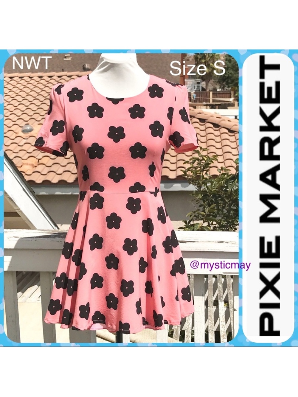 New PIXIE MARKET Coral Pink Black Floral Skater Dress Juniors Size S or 3/5